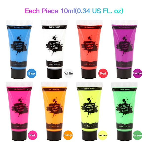 8 Putkea 10ml/0.34oz UV Neon Kasvo- ja Kehonmaali 8 Väriä Neon Fluoresoiva UV Mustavalossa Hohtava Turvallinen Ei-