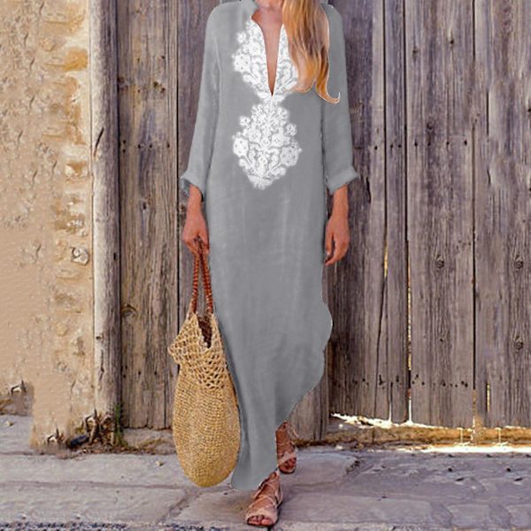 Kvinners trykte langærmet V-hals kjole Split Hem Baggy Kaftan Lang Kjole Gray L