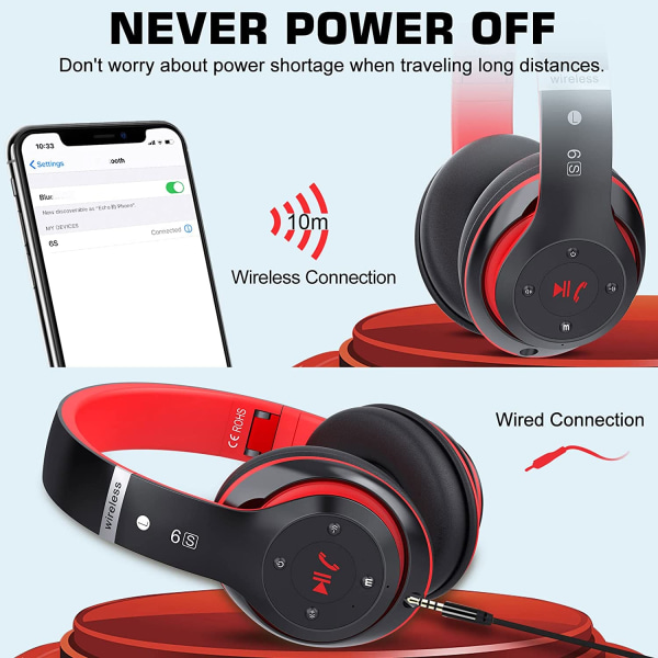 6S trådløse hodetelefoner over øret, [40 timers spilletid] Hi-Fi stereo sammenleggbare trådløse stereohodesett ørepropper med innebygd mikrofon, volumkontroll
