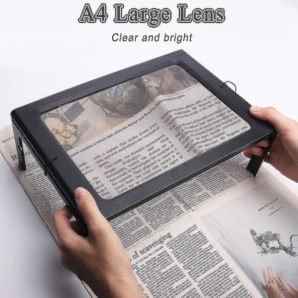 Leseforstørrelse, 3x forstørrelse for lesing, forstørrelsesglass med LED-lys, lesehjelp for eldre og lesing, A4-ark for bøker, aviser