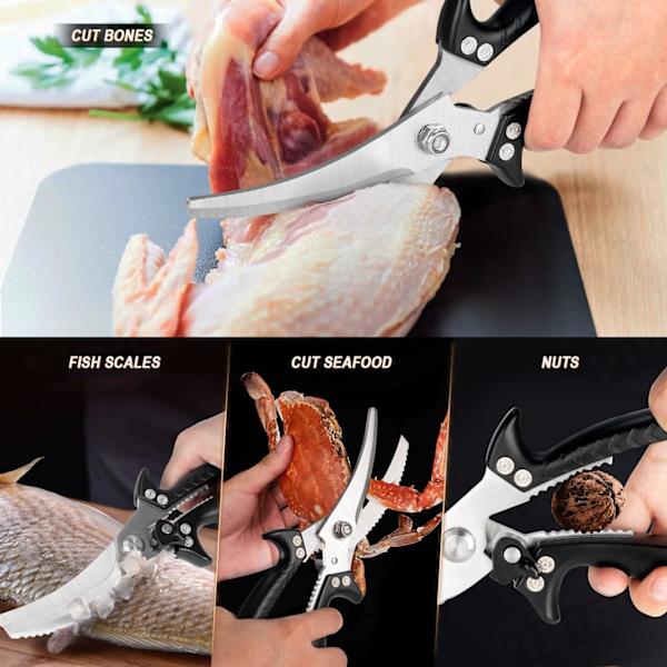 Kökssaxar Tunga Arbetsköksaxar, Vassa Matlagningsaxar Rostfritt Stål Saxar, Fjäderbelastade Diskmaskinsäkra Svarta Saxar för Kött, Kyckling