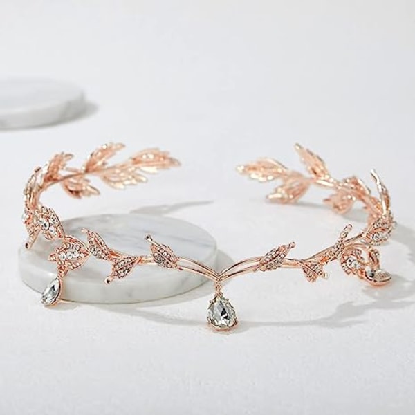 Rhinestone Leaf Wedding Tiara pannebånd for bruder, Rose Gold Crown Hea