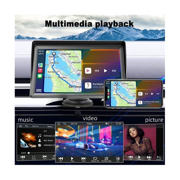 Bærbar Dash Mount Carplay Display 7In Touch Screen, GPS Navigatin,Bluetooth Bilradio, Bakkamera, FM Radio