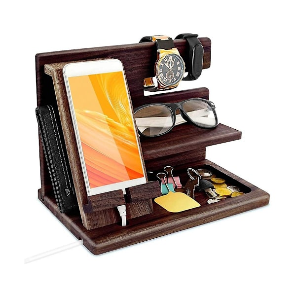 Træ Telefon Docking Station Tegnebog Stativ Ure Pung Holder Skrivebord Organizer