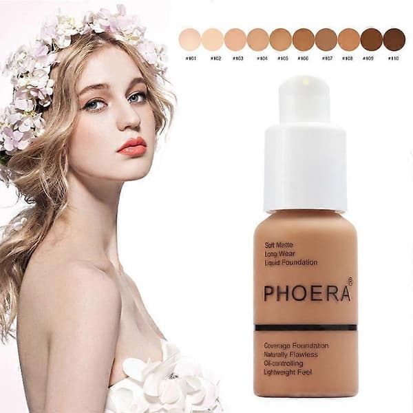 PHOERA Liquid Coverage Foundation Ansigtsbasecreme Lysnende Fugtighedscreme Mineral Fuld Dækning Concealer Makeup 104# Buff Beige