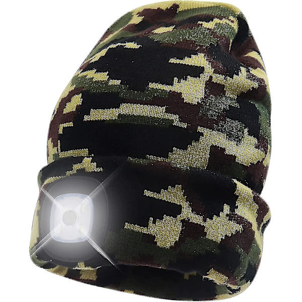 Kevyt ja lämmin neulottu hattu, jossa on hattu talven turvallisuutta varten, unisex-LED-valohattu, joka sopii useimmille miehille, naisille ja lapsille, vihreä maastokuvio