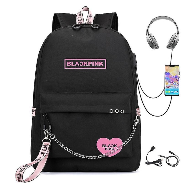 Blackpink reppu USB ladattava reppu opiskelija koululaukku- black pink heart letters