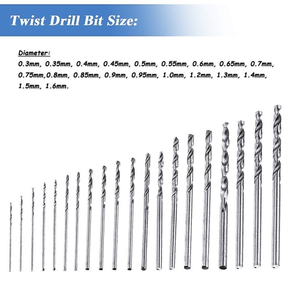 20 delar Hss Mini Micro Drill Bit Set, 0,3-1,6 mm skaft Twist Drill Bits Precision Drill Diy Kit