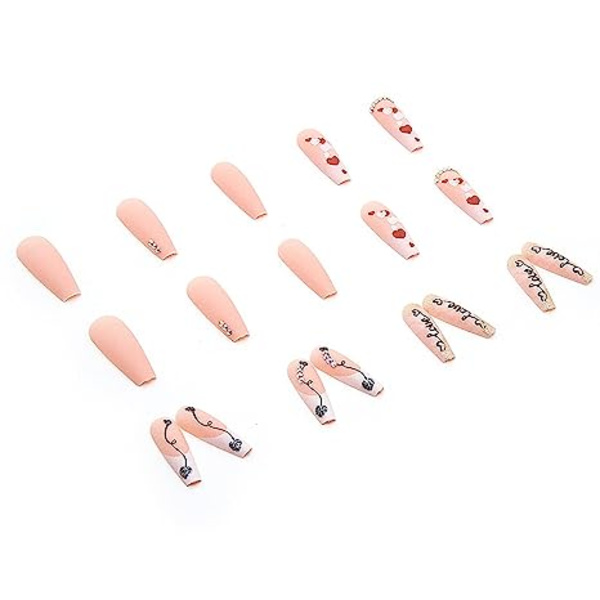 Valentinsdag Tryk på Negle Lange Hjerte Falske Negle med Neglelim Mat Nude Co true love pink diamond