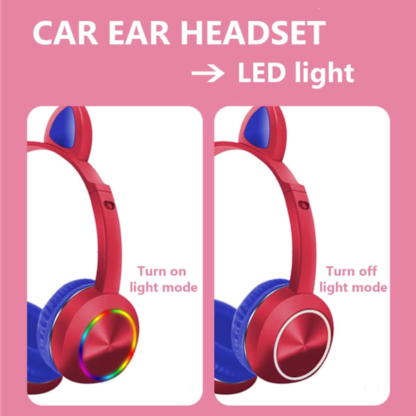 Kattöron LED-upplysta Bluetooth-headset med mikrofon, brusreducerande trådlösa hörlurar