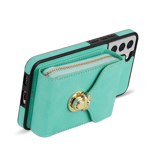 Samsung Galaxy S22 5G PU +TPU korttipaikka kotelo jalusta vetoketjullinen puhelinkotelo olkahihnalla Mint Green