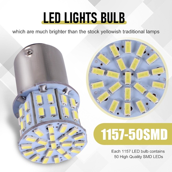 2 stk 6000k hvite 1157 50smd baklysbremse LED-pærer pære Bay15d 12v