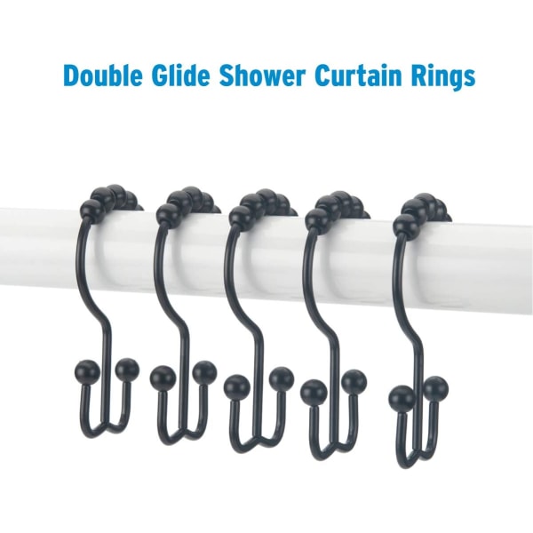 Dusjgardinkroker Ringer, rustbestandig metall dobbelglide dusjkroker for baderom dusjstenger Gardiner, sett med 12 kroker - matt svart