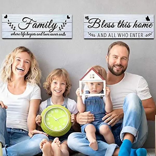 2 stk. Familie Rustikke Trescilt med Bless This Home Trescilt Veggkunst Dekor Gårdshus Familie Inngangsskilt Hjemmedekorasjon for Soverom Stue Kontor