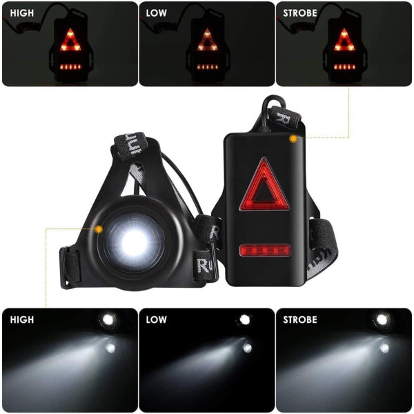 Löparljus Bröstljus för löpare 3 lägen Body Torch USB Uppladdningsbar kroppslampa Bärbar nattlöpningstillbehör Reflekterande löparutrustning
