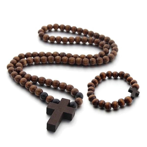 Naturligt træ perler Cross vedhæng halskæde armbånd religiøse rosenkrans smykker