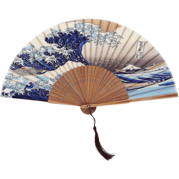 Japansk håndlavet landskabsbambus silke foldeventilator, vintage retrostil til kvinder, damepiger