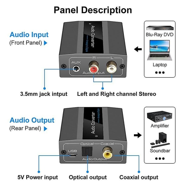 Analog till digital ljudkonverterare Rca till optisk med optisk kabel ljud digital Toslink och Coaxi