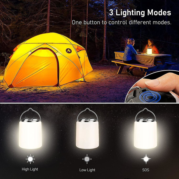 Oppladbar campinglykt, oppladbar led campinglampe-3000k varmt hvitt lys, justerbar lysstyrke 3 moduser, 10 timer+ batterilevetid, bærbar og vann