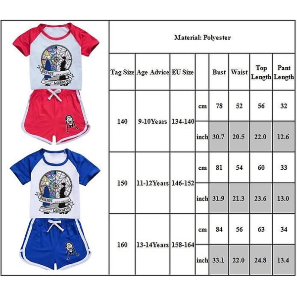 Barnflickor Wednesday Addams Tryckt T-shirt Shorts Outfits Set Pyjamas Nattkläder Loungewear Sommar Träningsdräkt Blue 9-10 Years