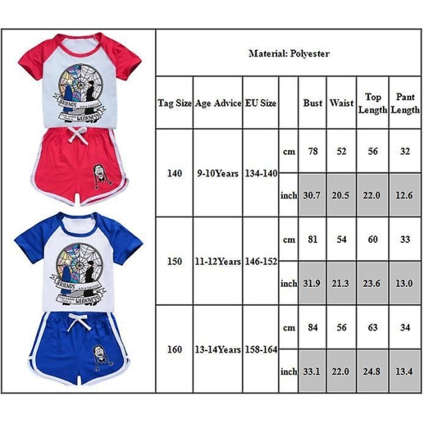 Lapset Tytöt Keskiviikko Addams Printed T-paita Shortsit Asut Set Pyjamat Yöpuvut Loungewear Kesä Verryttelypuku Blue 11-12 Years