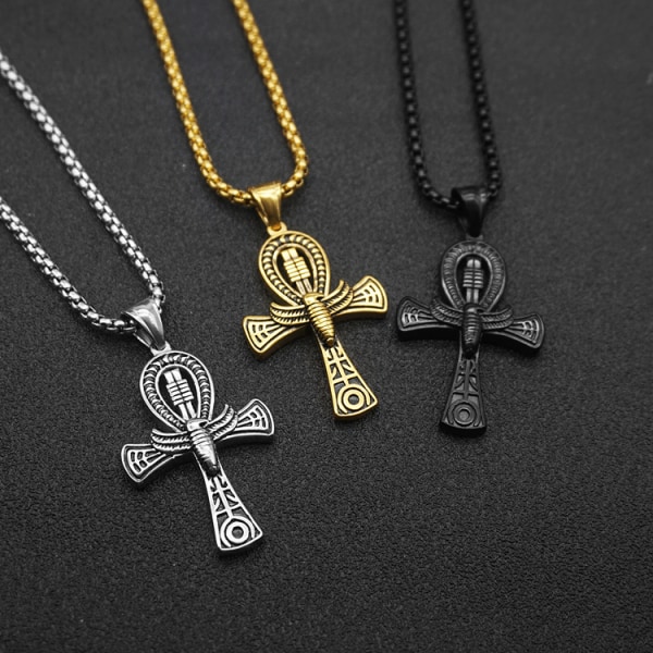Ankh med skarabéhänge - Halsband med forntida egyptiskt korshänge - Nyckel till livet - Smycke för män black