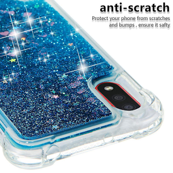 Samsung Galaxy A01 -kotelo, glitter, neste, läpinäkyvä, kimallus, kiiltävä, bling, kristallinkirkas, virtaava hiekka, suojus, Tpu-silikoni - sininen