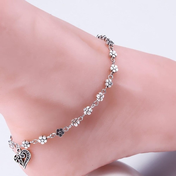 Blomsterhjärta Ankelkedja, Kvinna Silver Pärlkedja Ankelkedja Fotleds Armband Barfota Sandal Strand Fot för Sommarsemester Strand