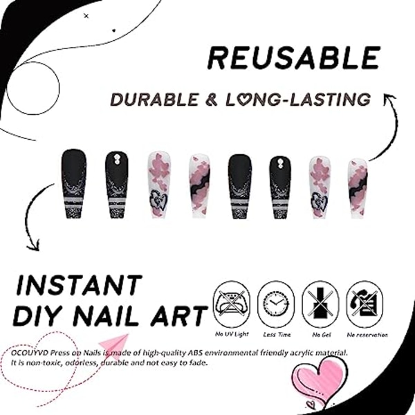 Paina kynsiä pitkä musta glitter arkku väärennettyjä kynsiä violetti sydän graffiti design dark love song