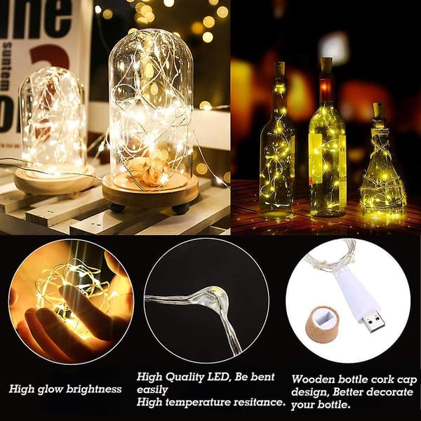 2 kpl pullon korkkivalot Led pullon valosarja Usb ladattava Mini keiju valosarja