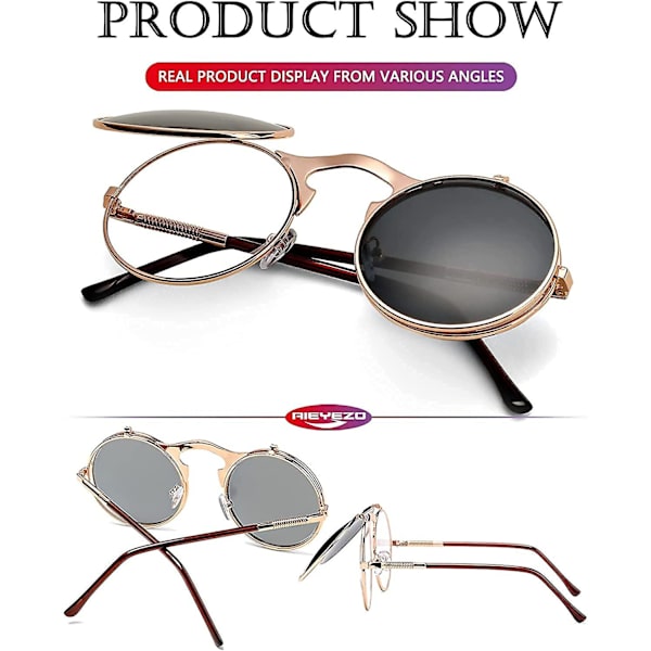 Pyöreät kääntyvät aurinkolasit miehille ja naisille - John Lennon -lasit 90-luvun retro steampunk -tyyli A3 Rose Gold-Grey