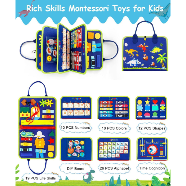 Toddler Busy Board 4 etager, Activity Board Sensorisk Board, Montessori-legetøj til babydrenge 3 4 år Lærer grundlæggende livsfærdigheder Dinosaur 2