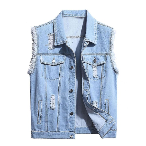 Herre Casual Ripped Denim Vest Klassisk Trucker Button Down ærmeløs Jean vest Light blue M