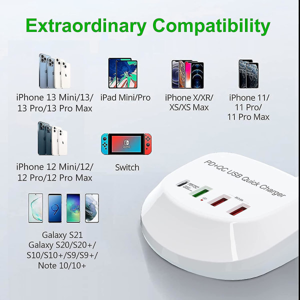 USB-C Hurtiglader, USB PD QC 3.0 Strømadapter Hurtig Væglader 4 Ports Multi USB Strømadapter til iPhone iPad Shibaod