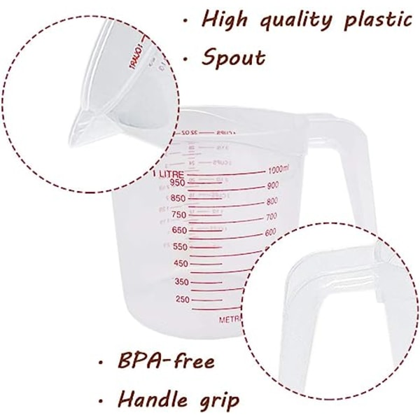 3 stk Plast målebeger sett, 4/2/1 kopp kapasitet målekanne med