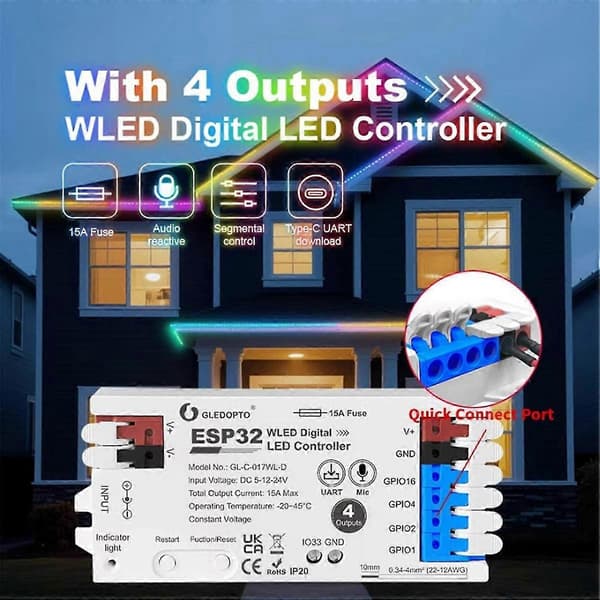 ESP32 WLED-controller med 4 udgange 15A sikring mikrofon lyd dynamiske lys DIY energibesparende relæ niveau