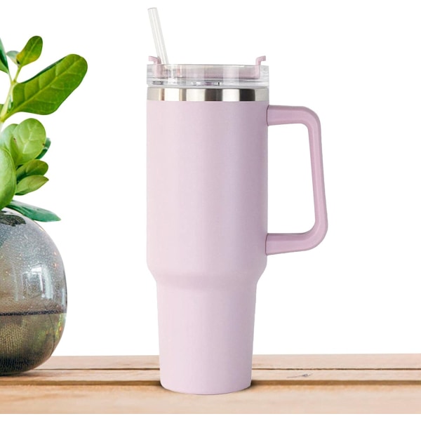 Vattenflaska i rostfritt stål | Mugg med sugrör och handtag | Läcksäker vakuumisolerad vattenflaska för hett iskaffe (ljusrosa)