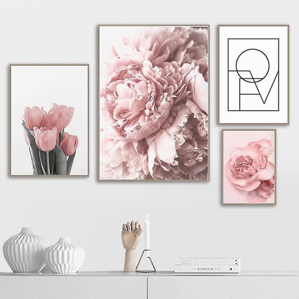 Pink Pæon Tulipaner Rose Blomst Vægkunst Maleri Nordisk Minimalisme Plakater Og Udskrifter Vægbilleder Til Stueindretning