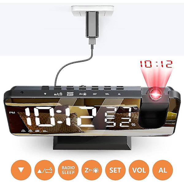 Vækkeur Projektor Loft Radio Vækkeur Med Led Spejl Skærm Usb Opladningsport Snooze Funktion Dobbelt Alarm Digitalt Ur Til Soveværelse, Køkken