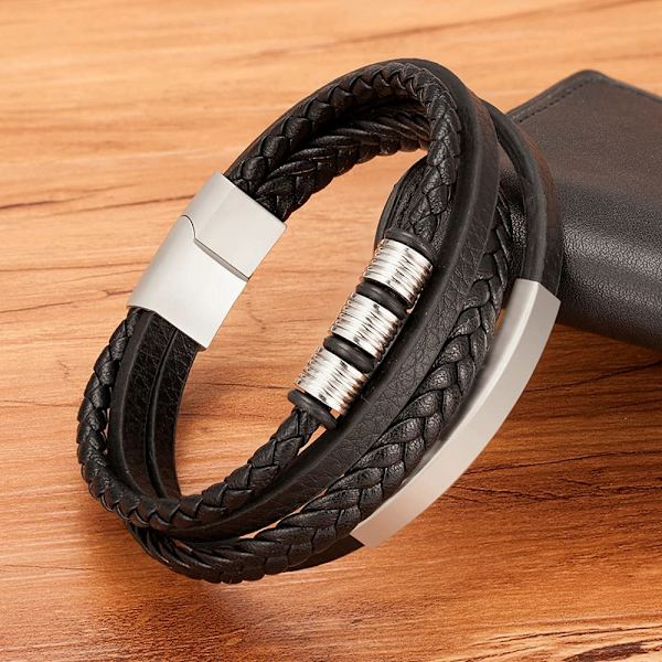 Rustfrit stål charm ægte læderarmbånd til mænd magnetisk spænde klassisk multi-lag mænd læderarmbånd smykker gave længde 8,26 tommer