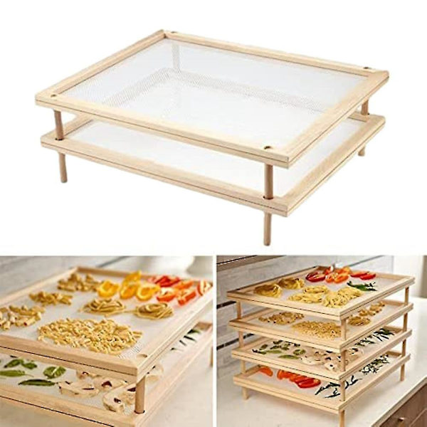 Stable Stappels tørker for mat med nett, trehyller for pasta og urter, flerbruks 2-trinns tørker for mat