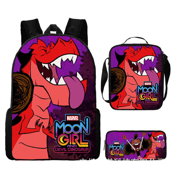 Moon Girl ja Devil Dinosaur -lasten reppu 3 kpl/setti Kuviollinen Marvel-kynäkotelo Olkalaukku Tyttöjen koululaukku Lahja 13 3pcs