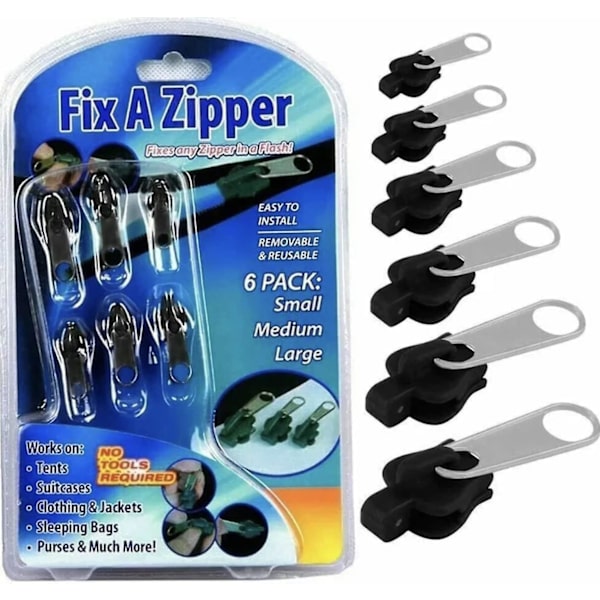 Fix a Zipper 6 Pack Zip Rescue Instant Repair Kit Replacement Svart