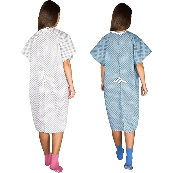 2-pakning - blå og hvit sykehuskjole med slips i ryggen/sykehuspasientkjole med slips - én størrelse passer alle