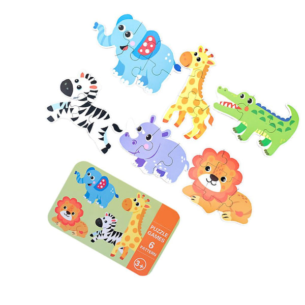 Barnleksaker 6-i-1-låda Pussel Jigsaw Träleksaker Tecknade djur