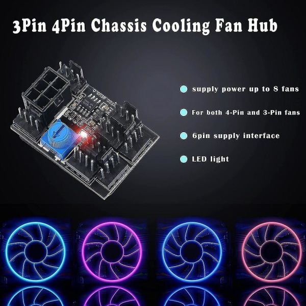 3-polet 4-polet Fan Adapter Pwm Pc Kabinet Kølefan Hub 8-vejs Splitter 12v Hastighedsregulator Med 6-polet