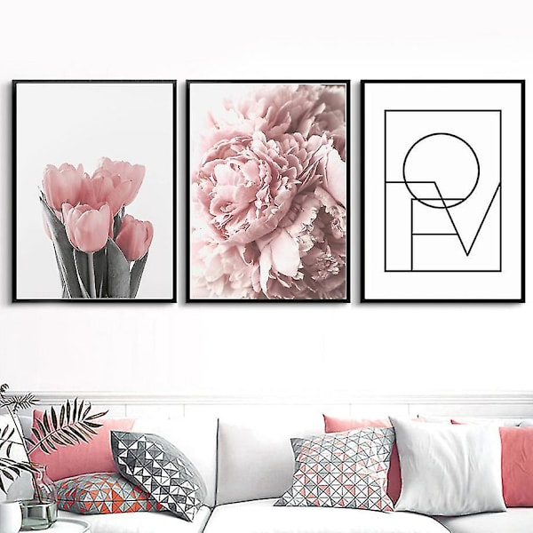 Rosa piontulpaner Rosor Blommor Väggkonst   Målning Nordisk Minimalism Affischer Och Tryck Väggbilder För Vardagsrumsinredning