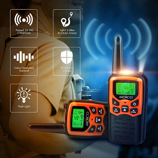 Vuxen Långräckviddig Intercom med 22 FRS-kanaler, Familjeintercom med LED-ficklampa VOX LCD-display för Vandring Camping Resor (Orange 2-pack)