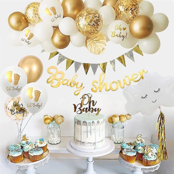 Baby Shower -koristeet pojalle tai tytöille, valkoiset ja kultaiset baby  shower , joissa Mummy To Be Sash, Baby Shower -banneri, printed ilmapallot  ja Oh Baby C 6045 | Fyndiq