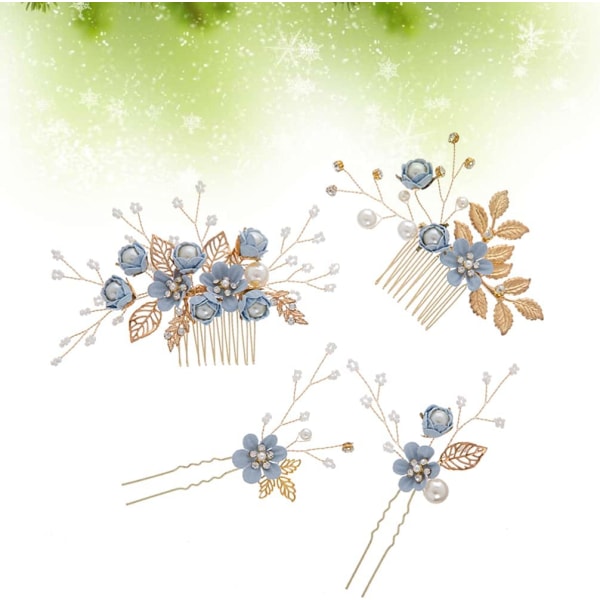 4 kpl häähiusklipsikampa Käsintehdyt morsiamen hiusklipsit Pearl Floral Leaf -hiustarvikkeet naisten häihin (sininen)
